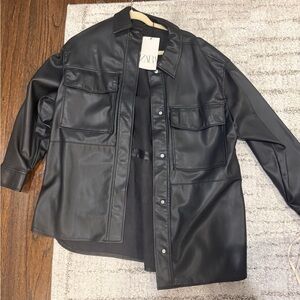 Zara Women’s Black Faux Leather Shirt Jacket
